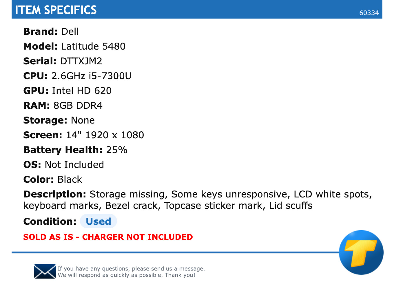 Dell Latitude 5480 – 14″ FHD, 2.6GHz i5, 8GB RAM, NO SSD