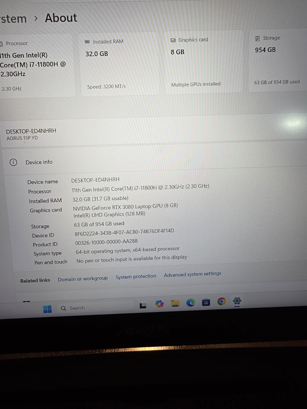 Gigabyte Aorus 15P Yd- 74Us244Sh 15.6 Inch Intel Core 17-11800H 2.3Ghz/ 32Gb Ddr
