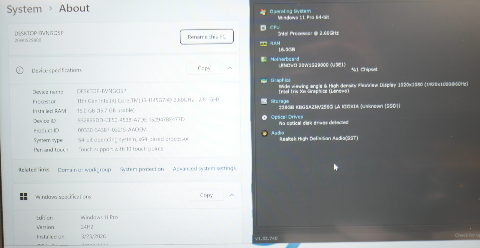 LENOVO ThinkPad T14 Gen 2i Intel Core i5-1145G7 2.60GHz 16 GB 256GB SSD 14″ VQ