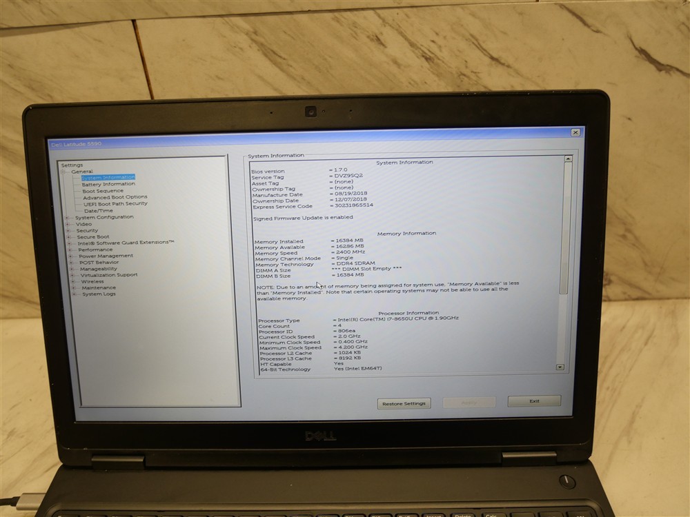 DELL 5590 15″ LATITUDE Laptop i7-8650U 1.90ghz 16GB PWR adapter & BAT 1920×1080