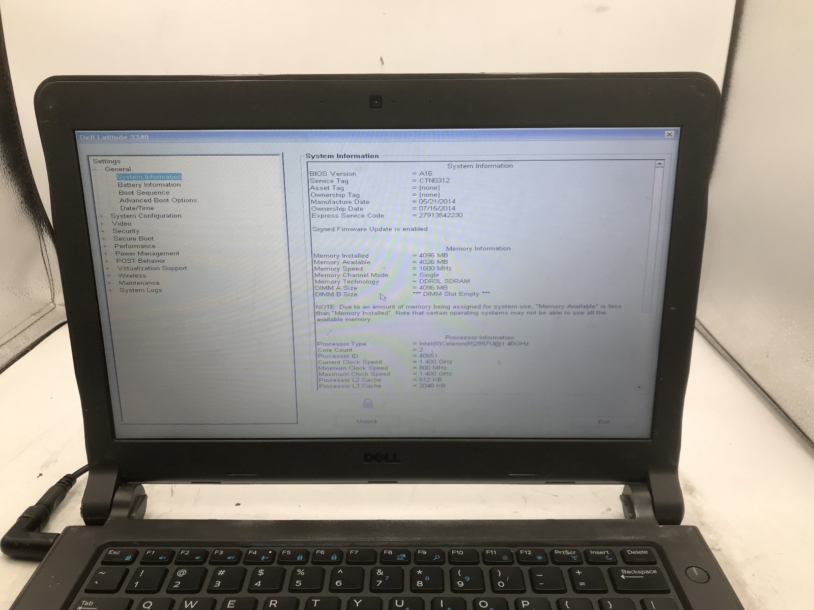DELL LATITUDE 3340 – BOOTS TO BIOS/LOCKED – INTEL CELERON 2957 – NO RAM -READ-BB