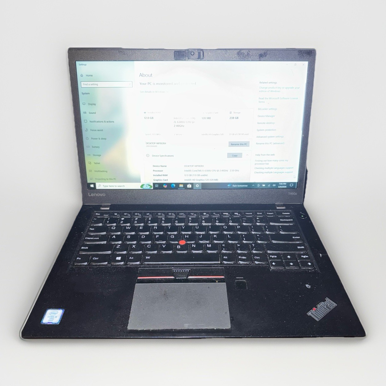 Lenovo ThinkPad T460s – 14″ , 2.4GHz i5, 12GB RAM, 256GB SSD, Windows 10