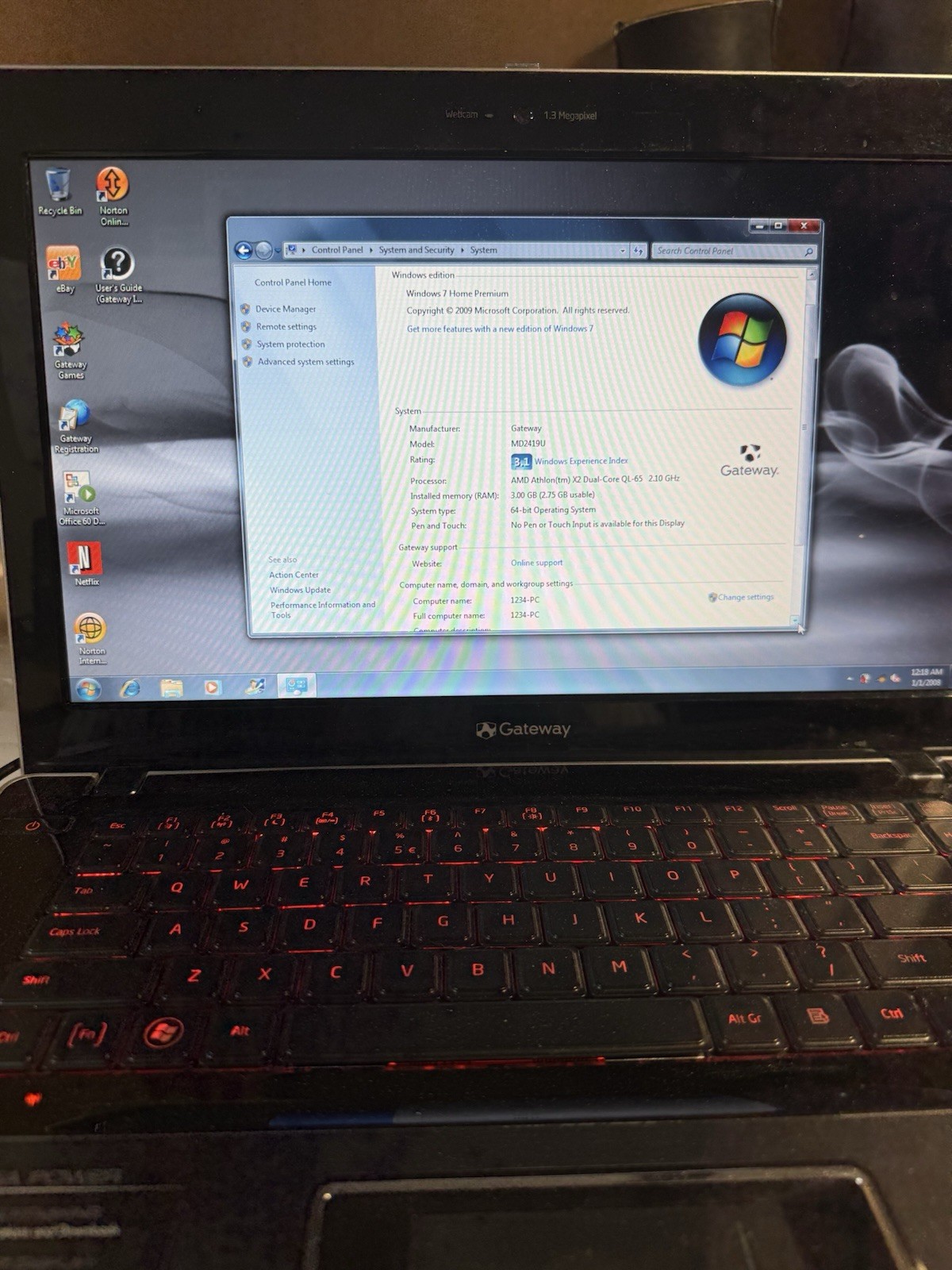 Gateway Md 2419u Win 7 Laptop AMD X2 Dual Core 2.10ghz 3GB Needs New Battery