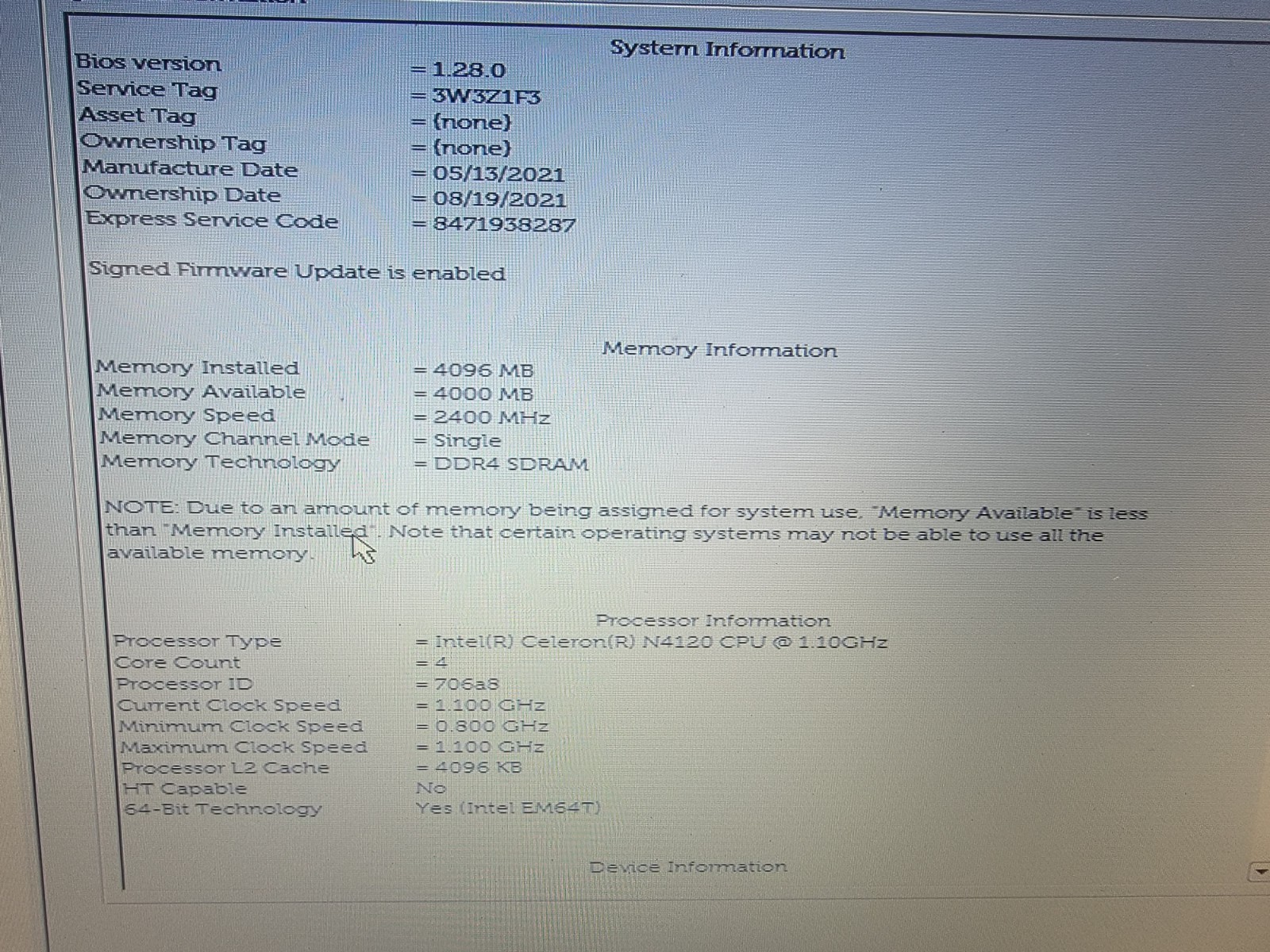 Dell Latitude 3190 Intel® Celeron® N4120 CPU 42GB 64GB eMMC