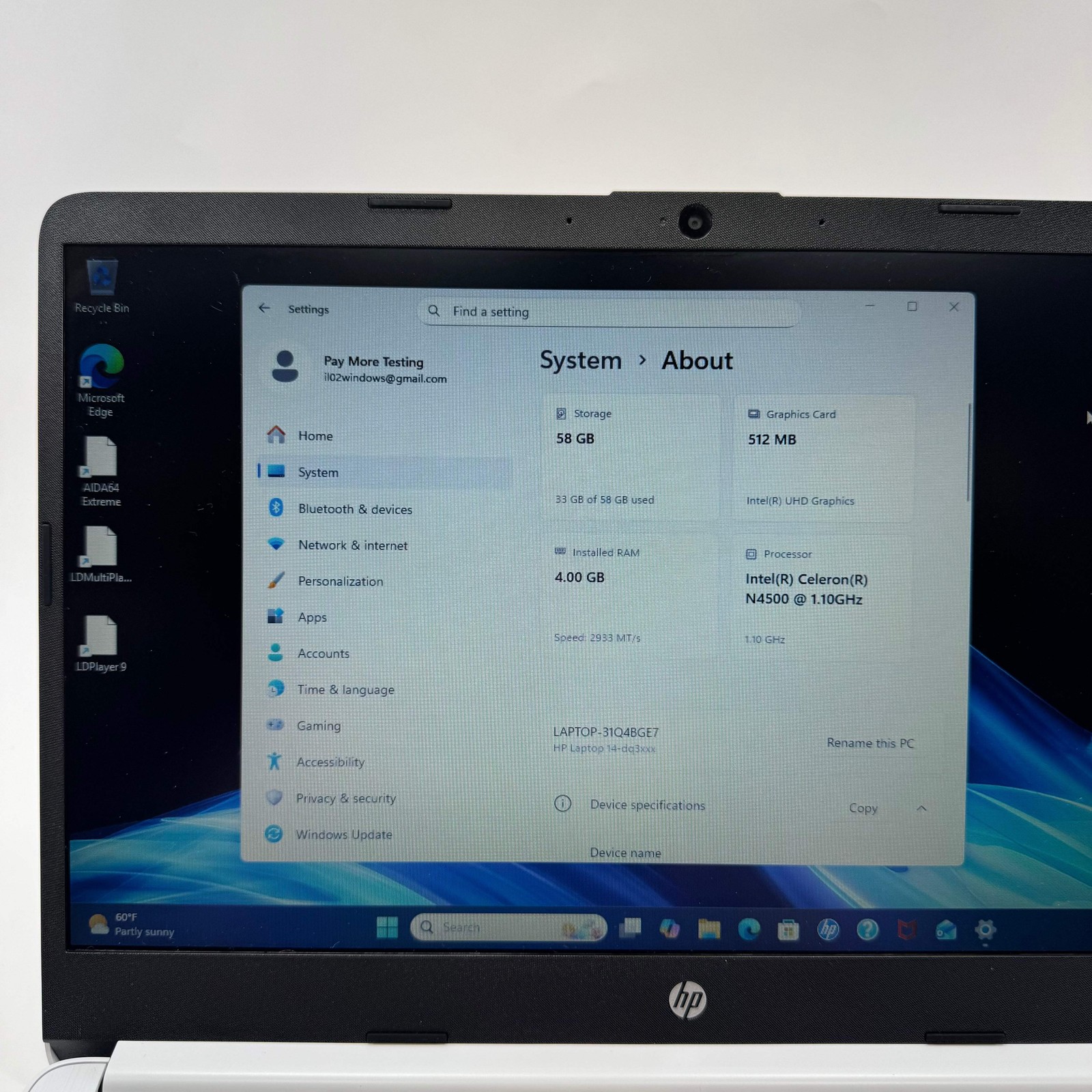 HP Laptop 14-DQ3000DX 14″ Celeron N4500 1.1GHz 4GB RAM 64GB SSD