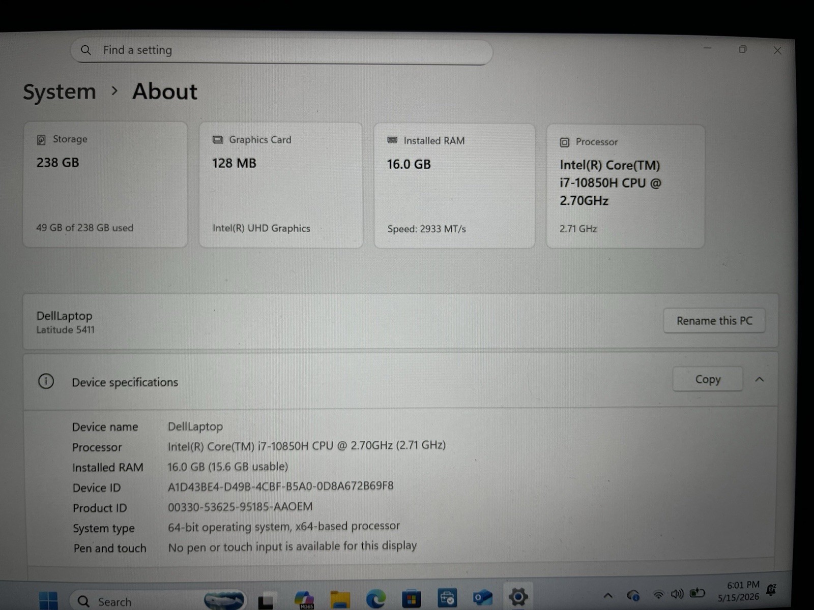 Dell Latitude 5411 – Intel Core i7-10850H 2.71 GHz 16 GB DDR4 256GB SSD