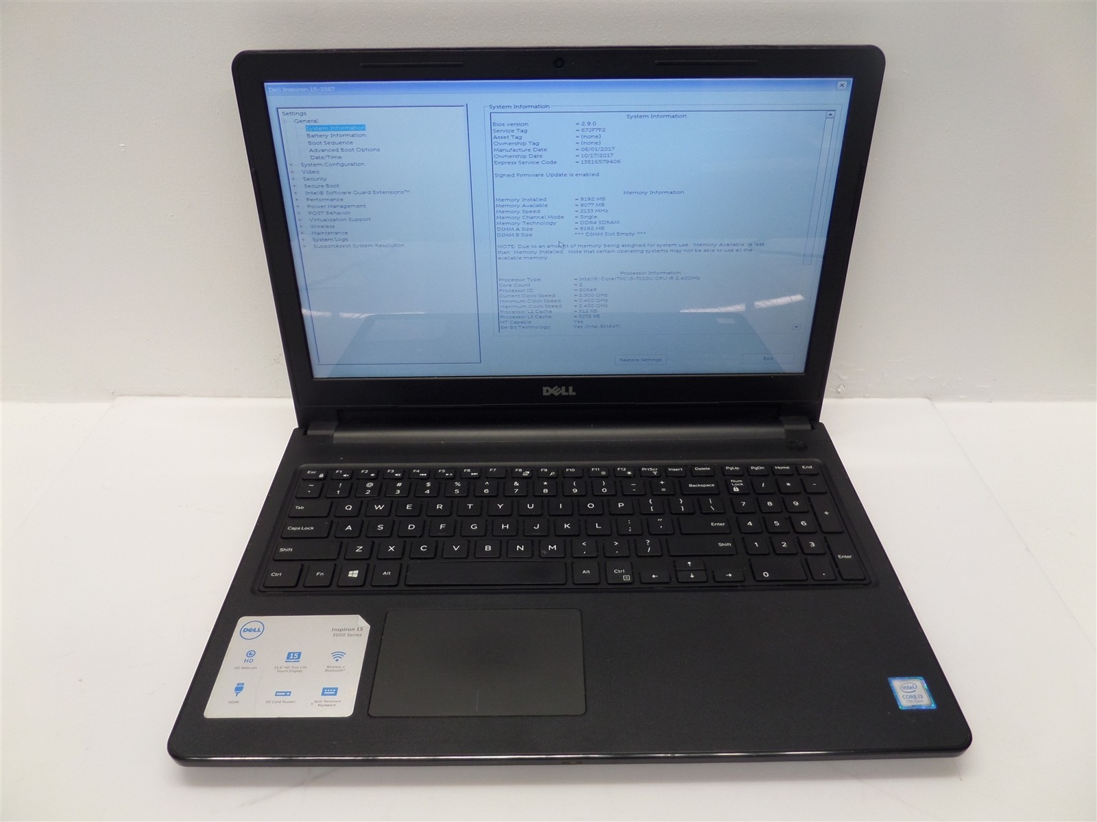 Dell Inspiron 15 3567 15.6″ Laptop w/ i3-7100U 2.4GHz CPU 8GB RAM – No HDD/OS