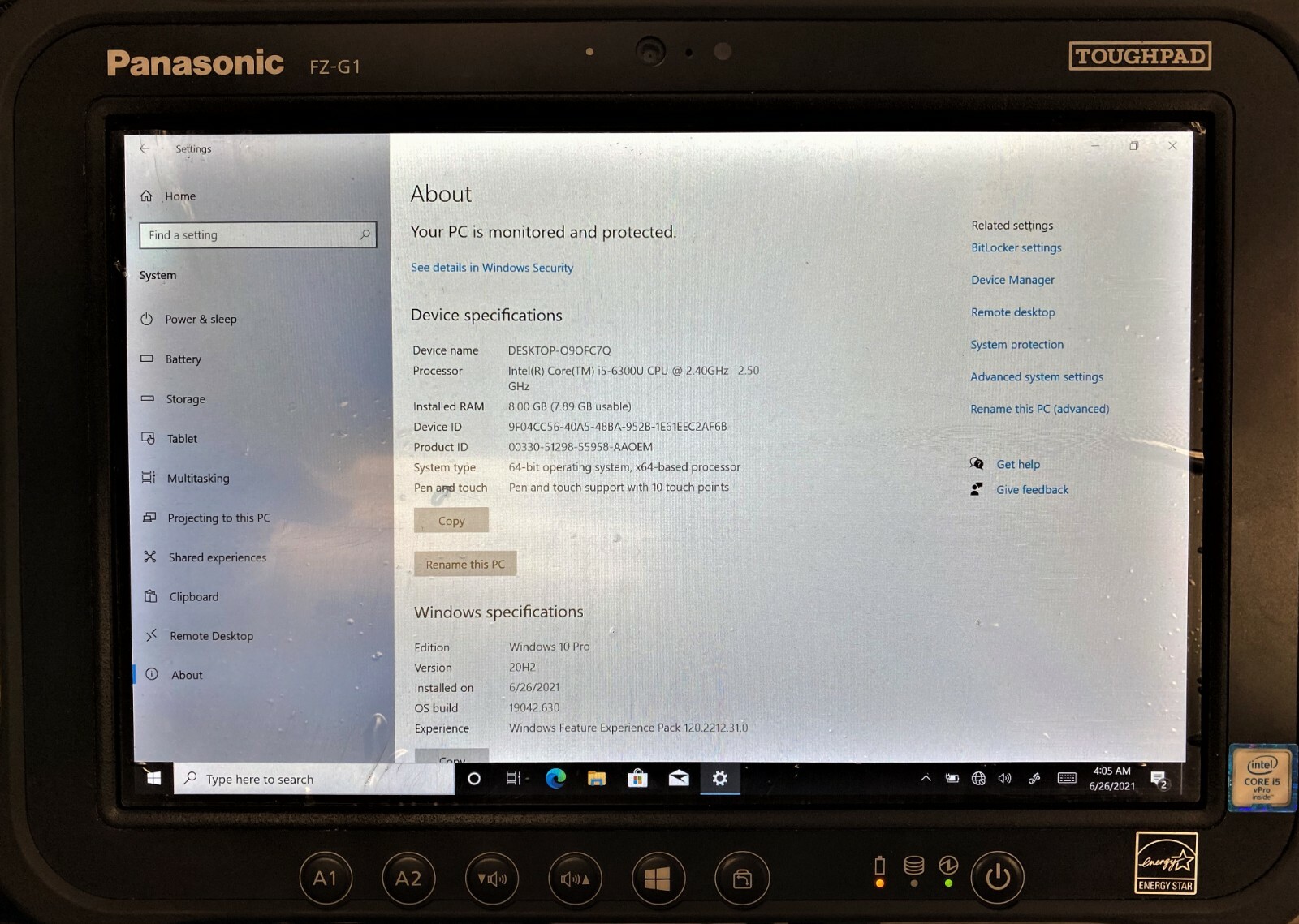 Panasonic FZ-G1P5469UM 10.1″ i5-6300U 2.40ghz 8gb 512gbhdd