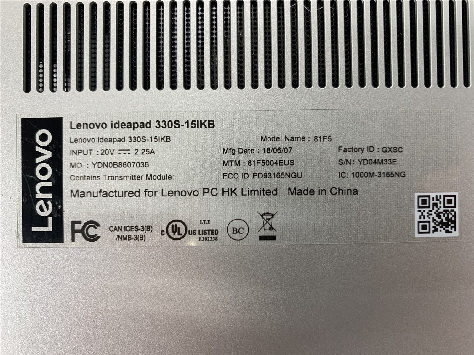 Lenovo Ideapad 330S-15IKB Intel i5-8250U 1.60GHz 8GB RAM 128GB SSD 15.6″ Win 10