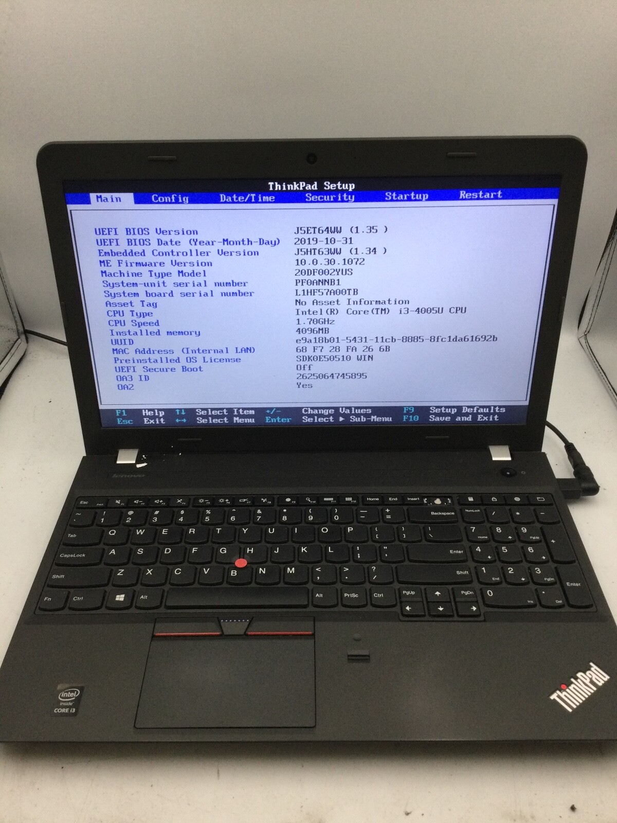 LENOVO THINKPAD E550 – BOOTS TO BIOS – INTEL I3 4005 – 4GB RAM – 15″ – READ – BB