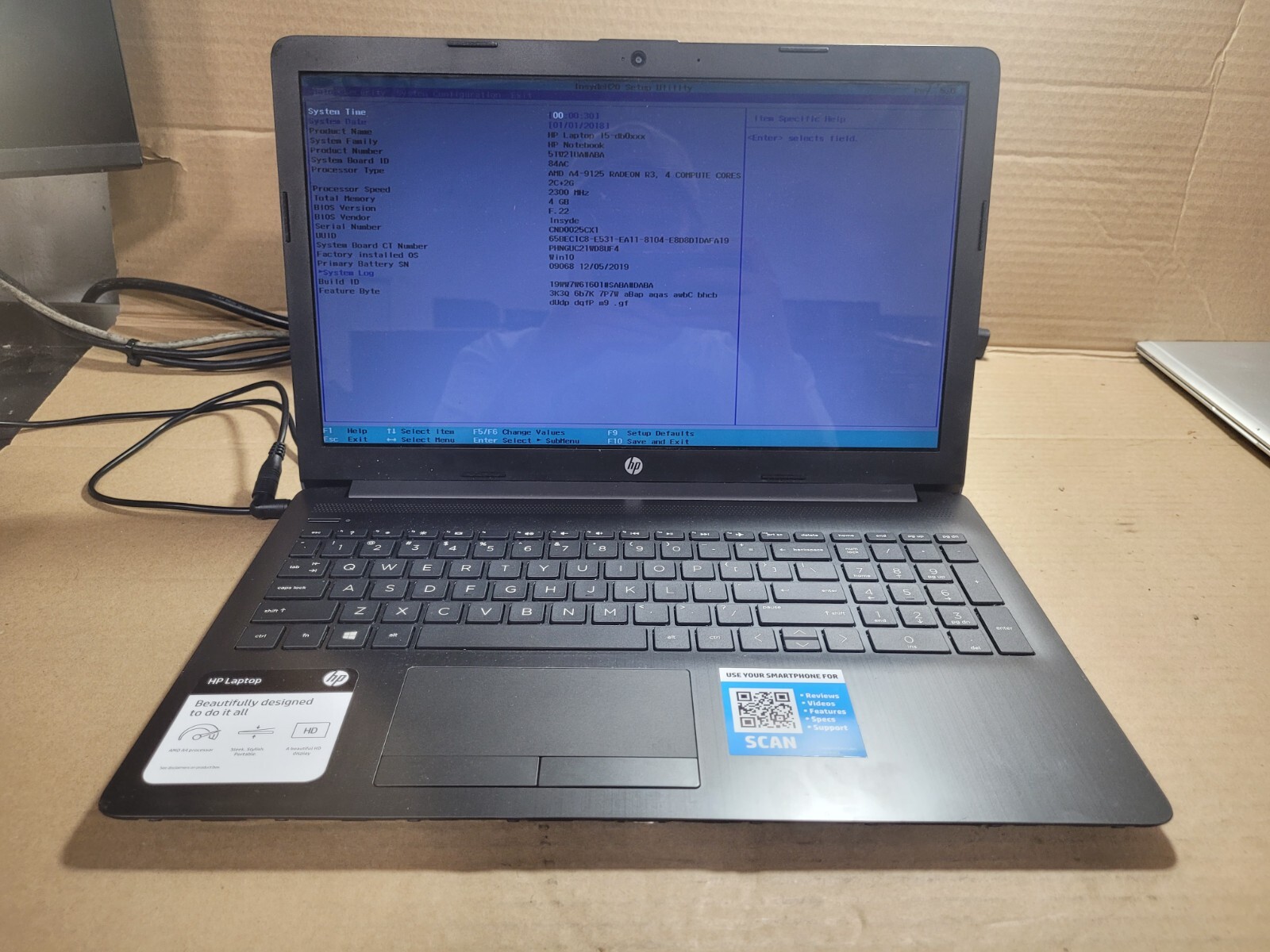 Hp model 15-db0050nr w/AMD A4-9125, 4GB RAM Laptop for Parts/Repair #0023