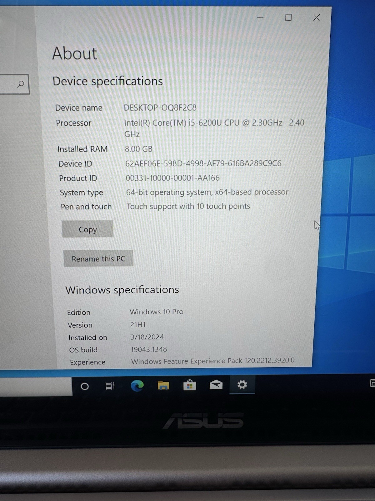 ASUS VivoBook 14″ Laptop Intel Core i5-6200U 8GB SSD Silver Windows 10 Pro