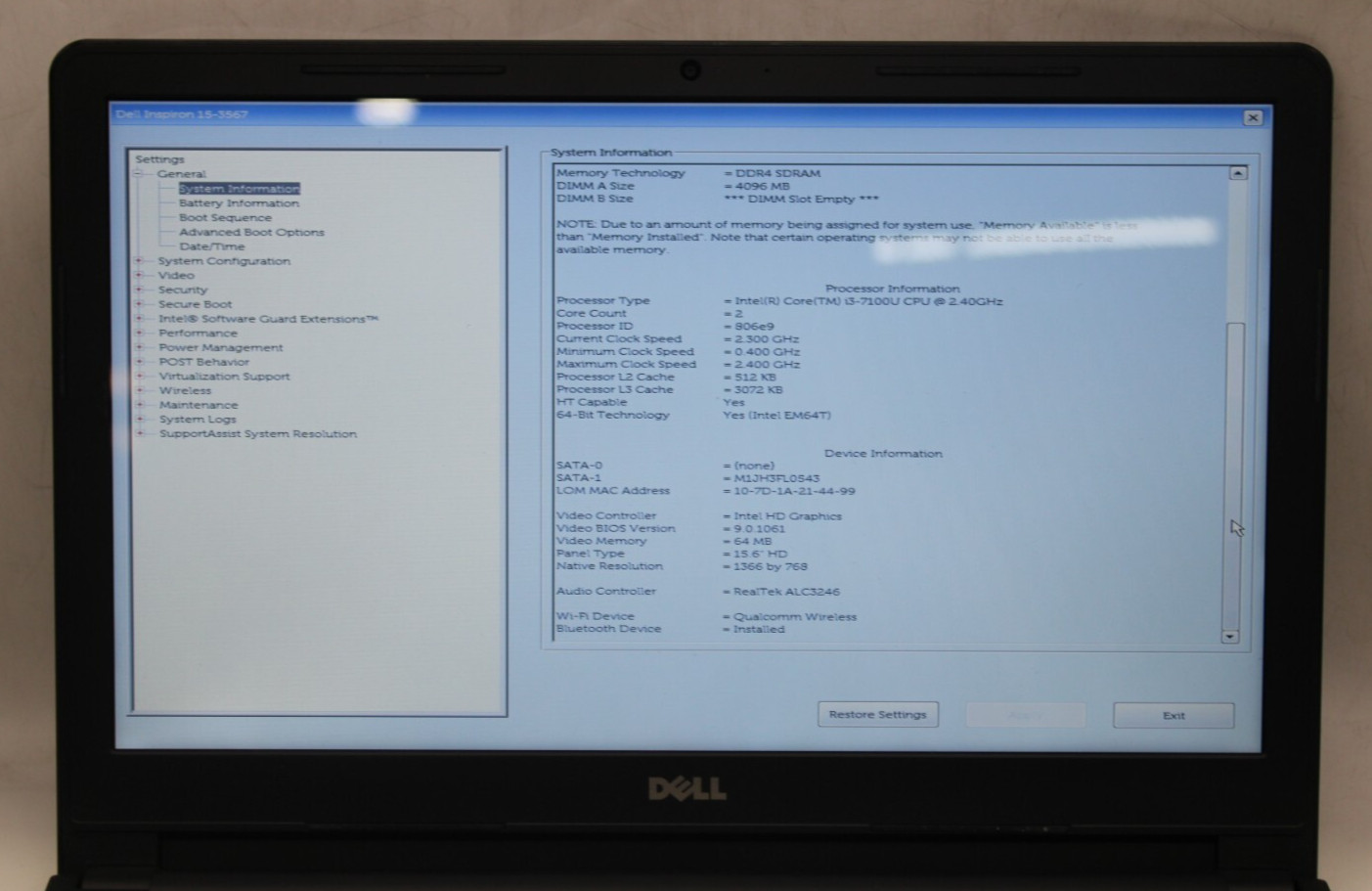 Dell Inspiron 15 3567 i3-7100U 2.40GHz 4GB RAM NO OS/HD/SSD*PARTS/REPAIR*
