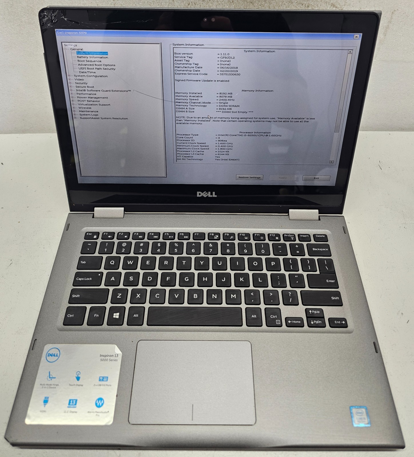 Dell Inspiron 5379 13.3″ Laptop Intel Core i5-8250U 8GB RAM 256GB SSD NO OS (FL)