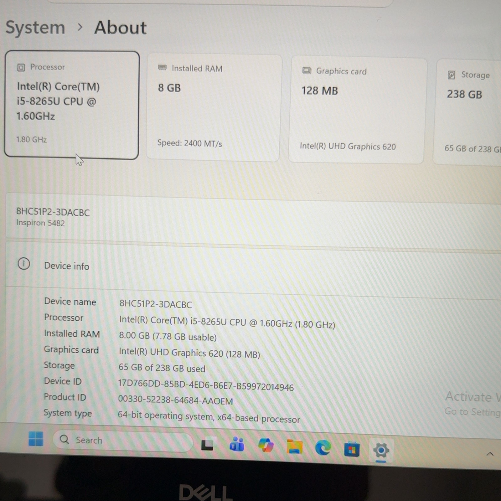 Dell Inspiron 5482 2-in-1 Laptop i5-8265U 8GB RAM 256GB SSD Touch Win 11