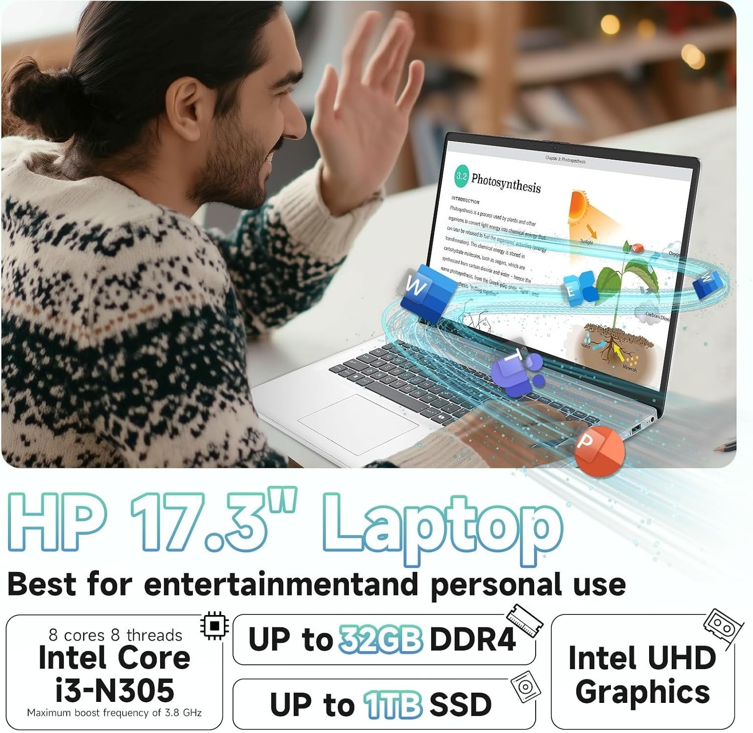 HP 17.3″ FHD Laptop, Intel Core i3-N305, 32GB RAM + 1TB SSD, Win11 Pro, Silver