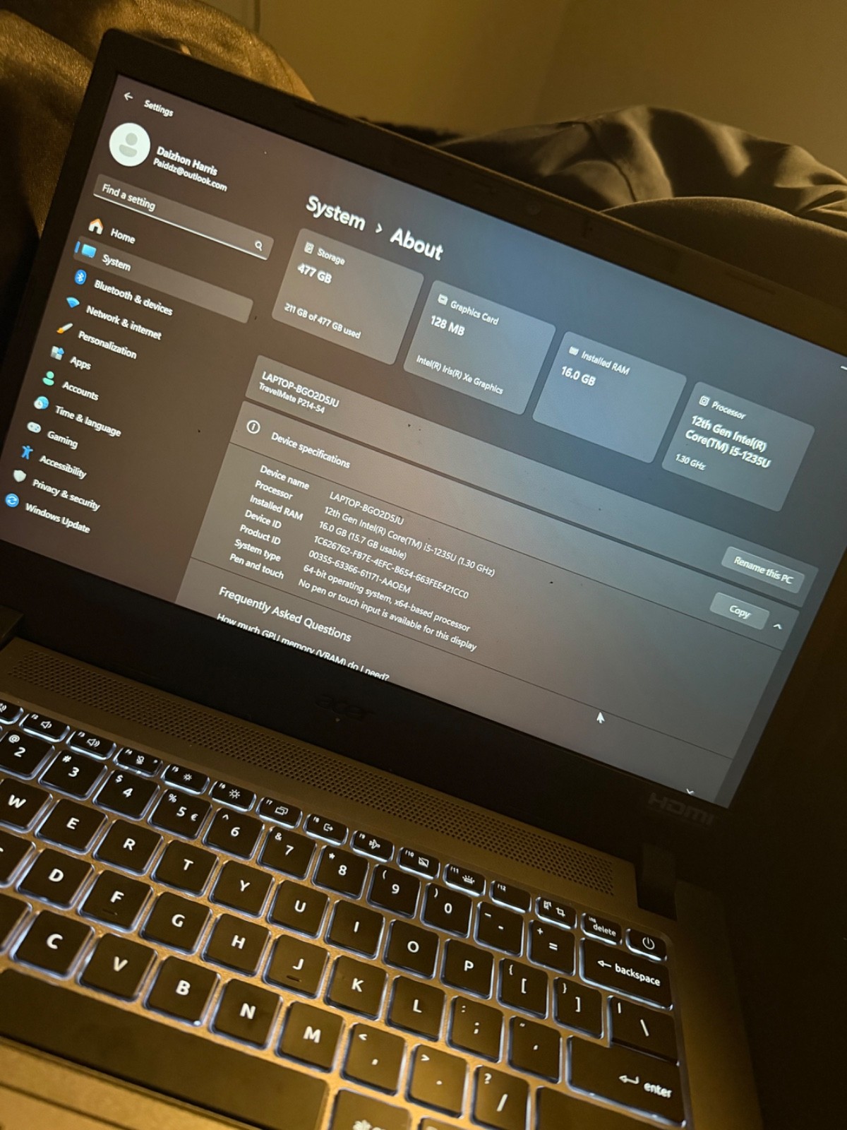 acer laptop windows 11 Travel mate i5-1235U 16GB SSD laptop”