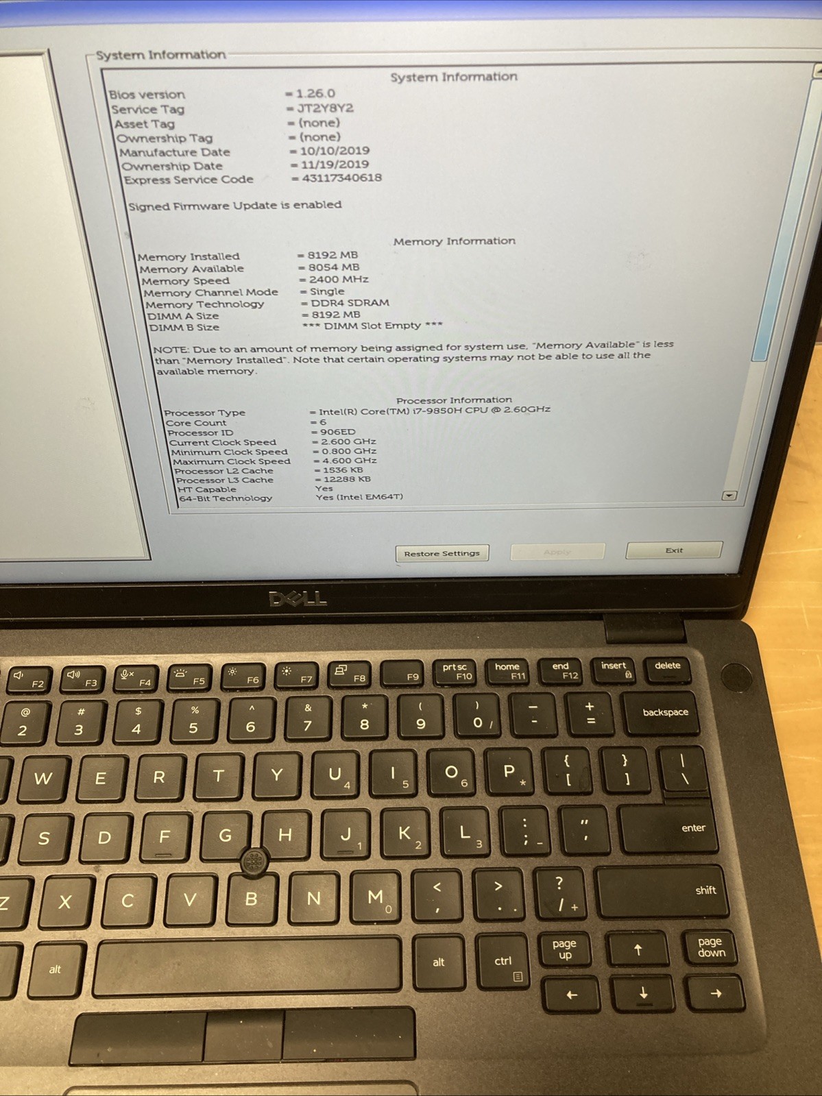 Dell Latitude 5401 14″ i7-9850H 8GB RAM No SSD No OS #2006