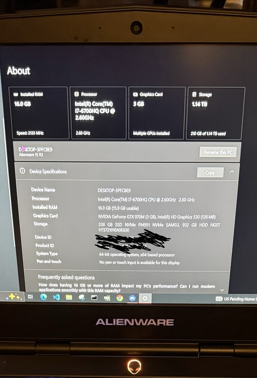 Alienware 15 R2 15.6″ Gaming Laptop i7 NVIDIA GeForce GTX 970M 1TB 256 SSD 16GB