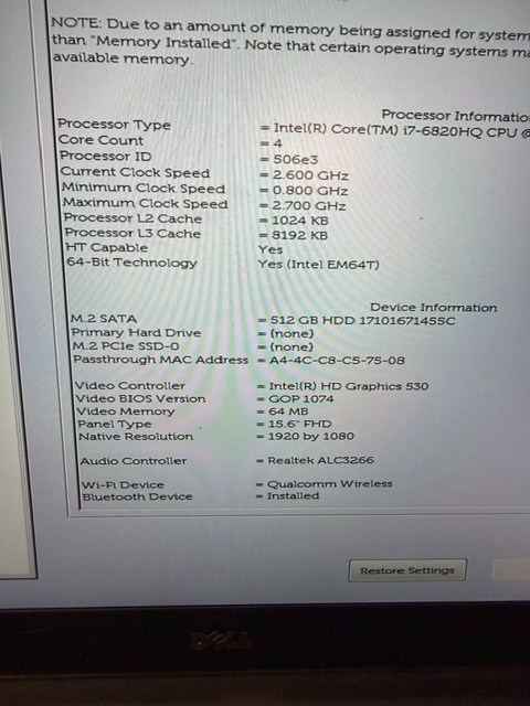 DELL PRECISION 5520 i7-6820HQ 512GB SSD 32GB RAM (No Charger Included)