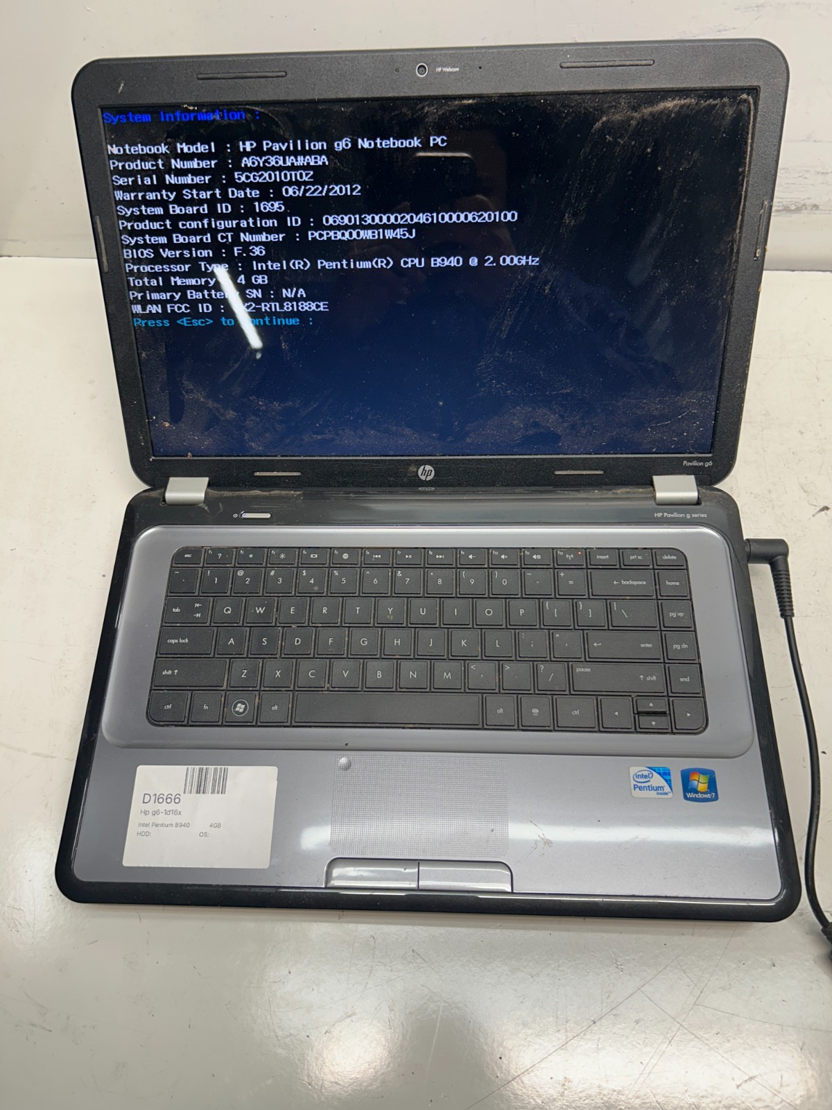 HP g6-1d16x Intel Pentium B940 2.00GHz 4GB NO HDD