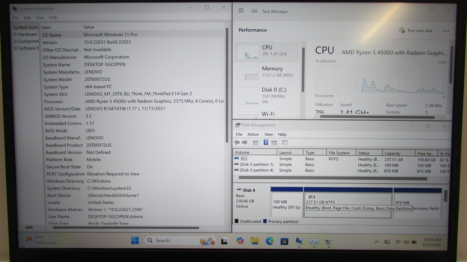 Lenovo Thinkpad E14 Gen 2 Ryzen 5 4500U 2.38GHz 8GB 256GB NVME 14″ W11P MISS KEY