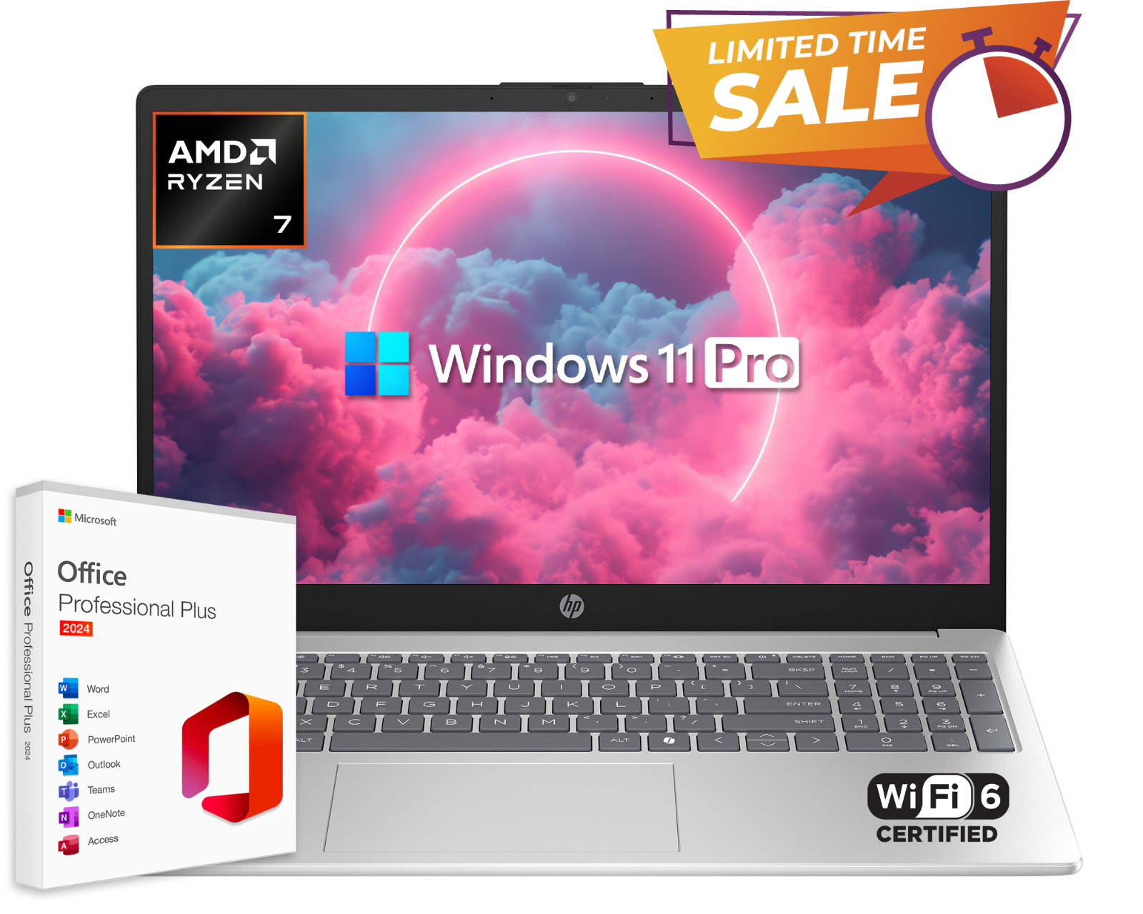 HP 15.6 Laptop 8-Core AMD Ryzen 7, 12GB RAM & 256GB SSD, Win 11 Pro w/ MS Office