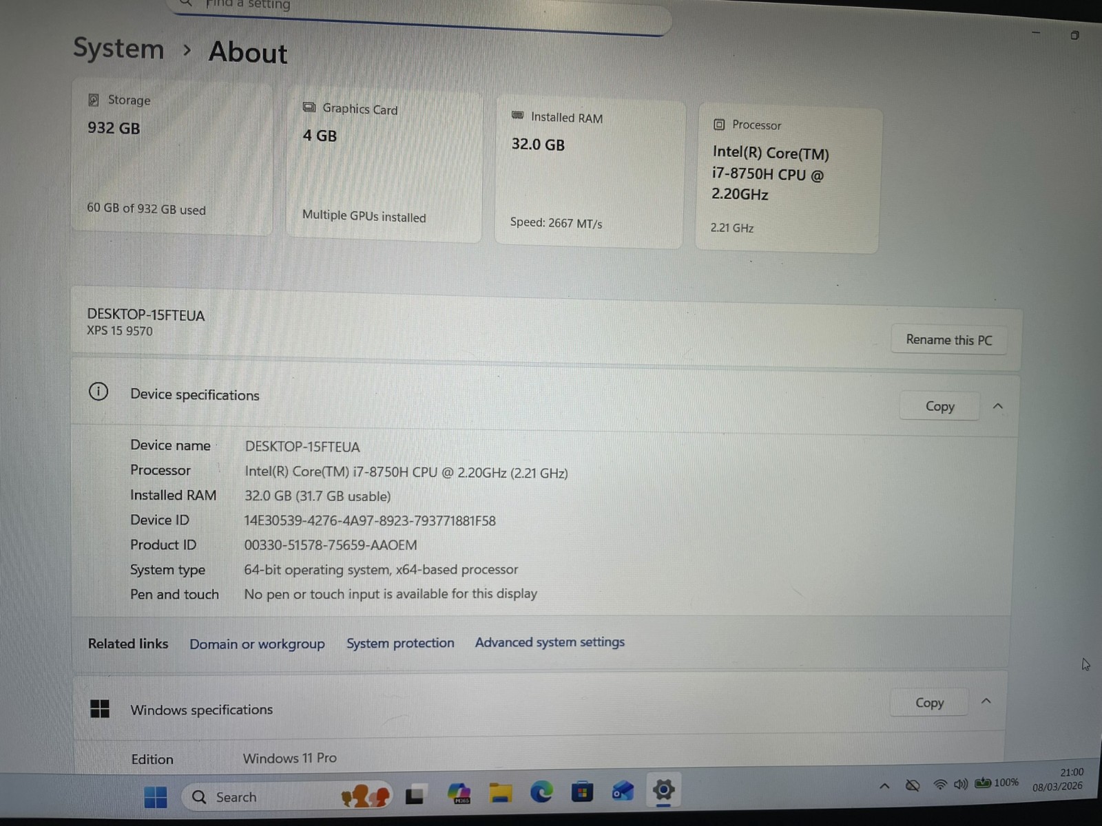 Dell XPS 9570 15″ FHD I7-8750H 1TB SSD 32GB GeForce GTX 1050Ti & DELL D6000 DOCK