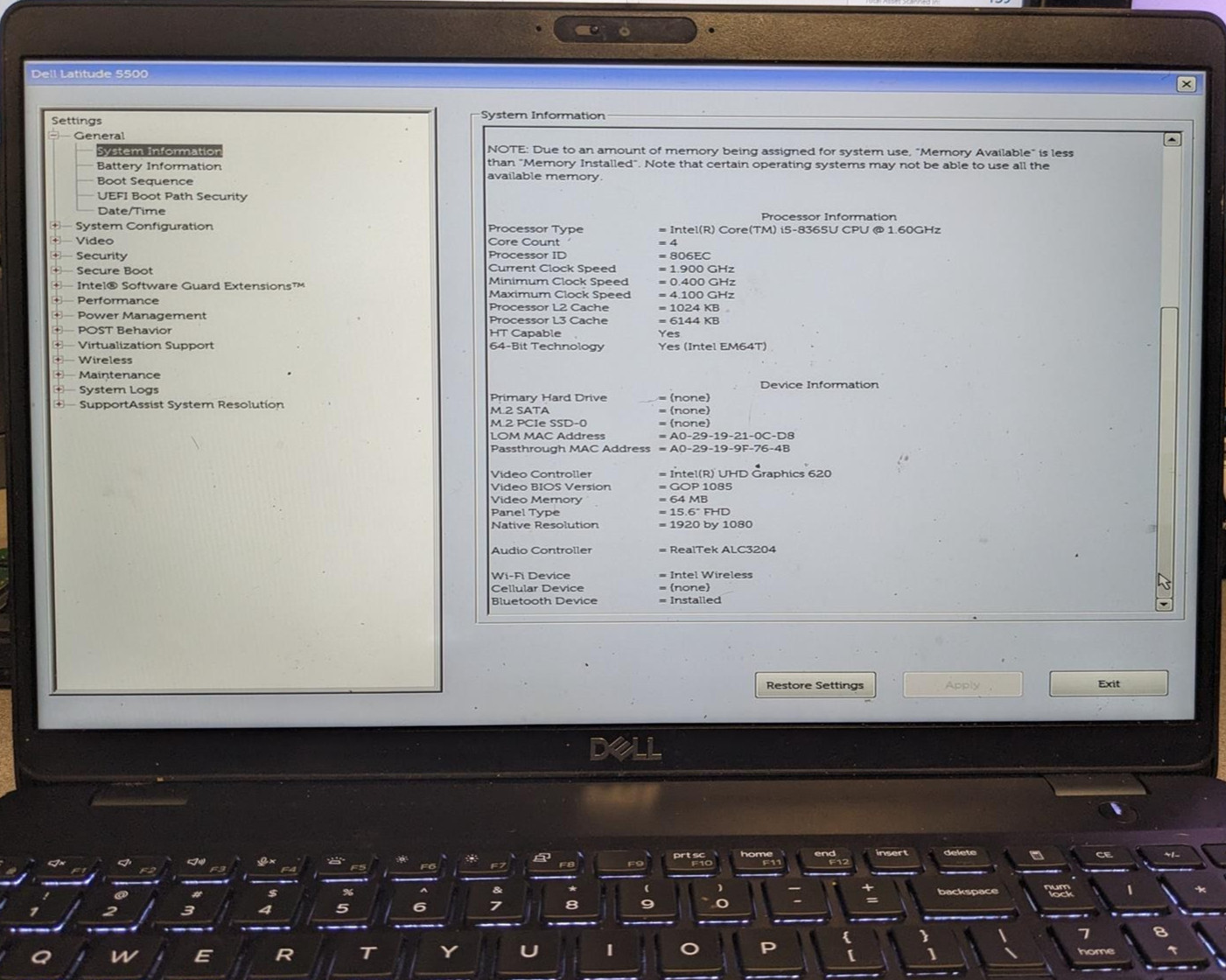 DELL LATITUDE 5500 i5-8365U @ 1.60GHz, 4GB RAM, NO HDD/OS