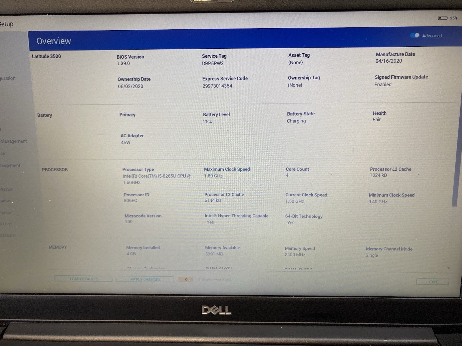 Dell Latitude 3500 Laptop Intel i5-8265U 1.6GHz 4GB RAM No HDD – Boot to BIOS
