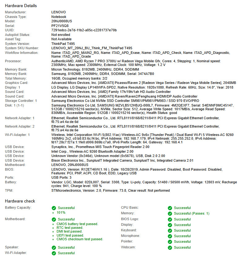 Lenovo ThinkPad T495, Ryzen 7 PRO 3700U, 2.3GHz, 16GB, 512GB NVMe-No OS/AC