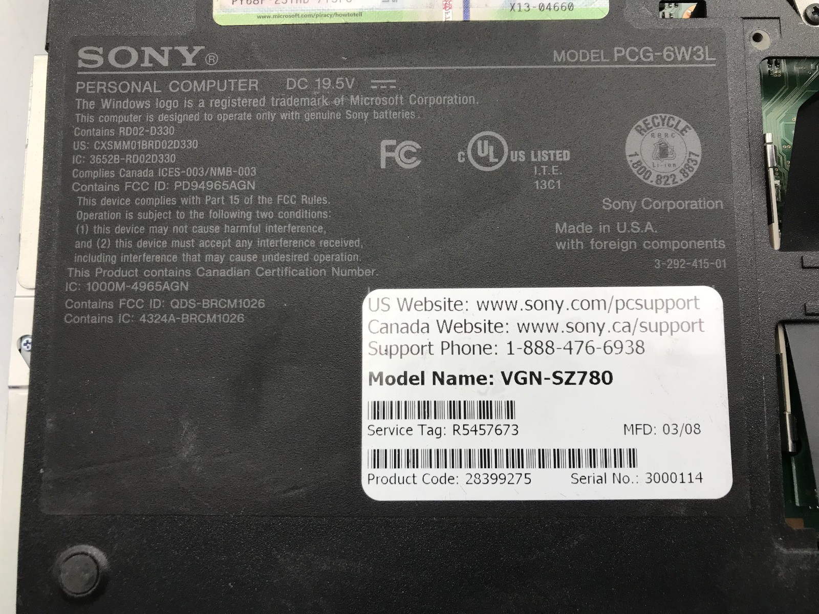SONY VAIO PCG 6W3L – FOR PARTS/REPAIR – INTEL CENTRINO – 2GB RAM – READ DESC -BB