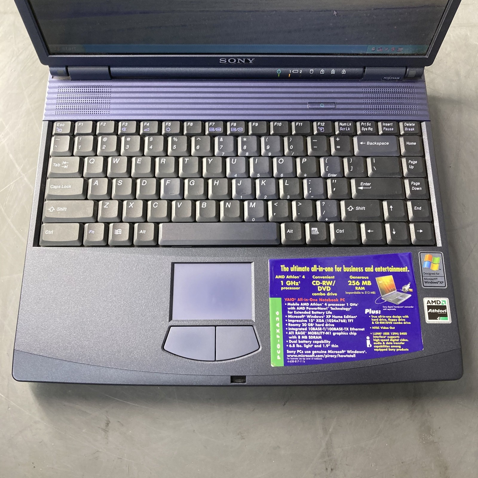 Sony VAIO PCG-FXA36 AMD Athlon Mobile 4 600MHz 256MB RAM 20GB HDD XP W/ AC