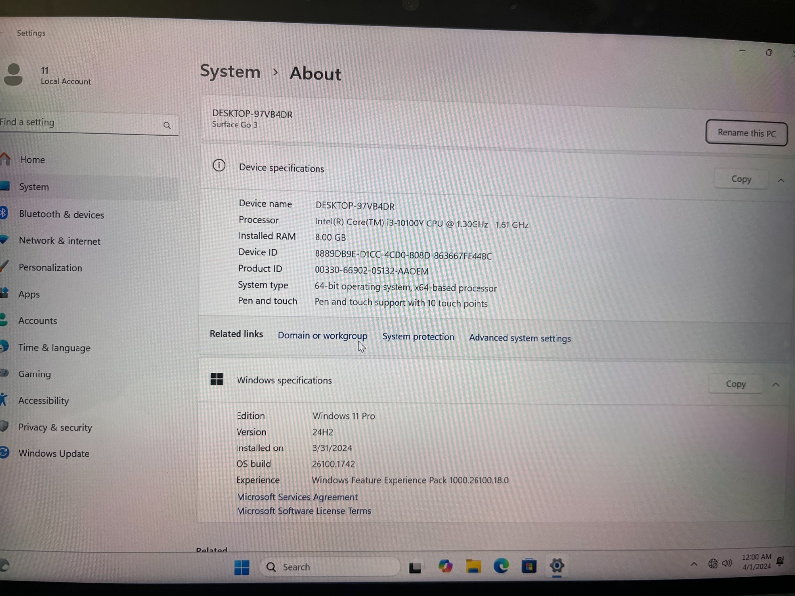 MICROSOFT SURFACE GO 3 (1901) i3-10100Y 1.3GHz 8GB 128GB NVMe TOUCH BACKLIT W11p