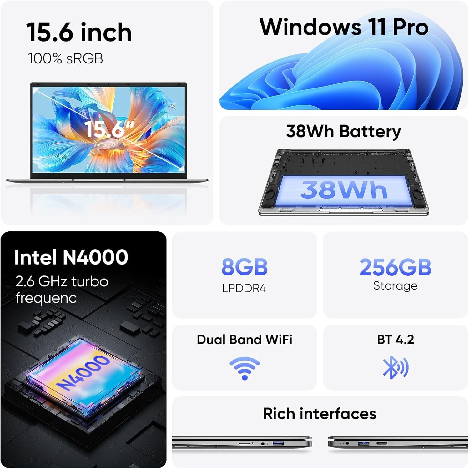 TPV 15.6″ Silver / Intel N4000, Win 11 Pro Laptop, MS Office 2024, 8GB RAM 256GB