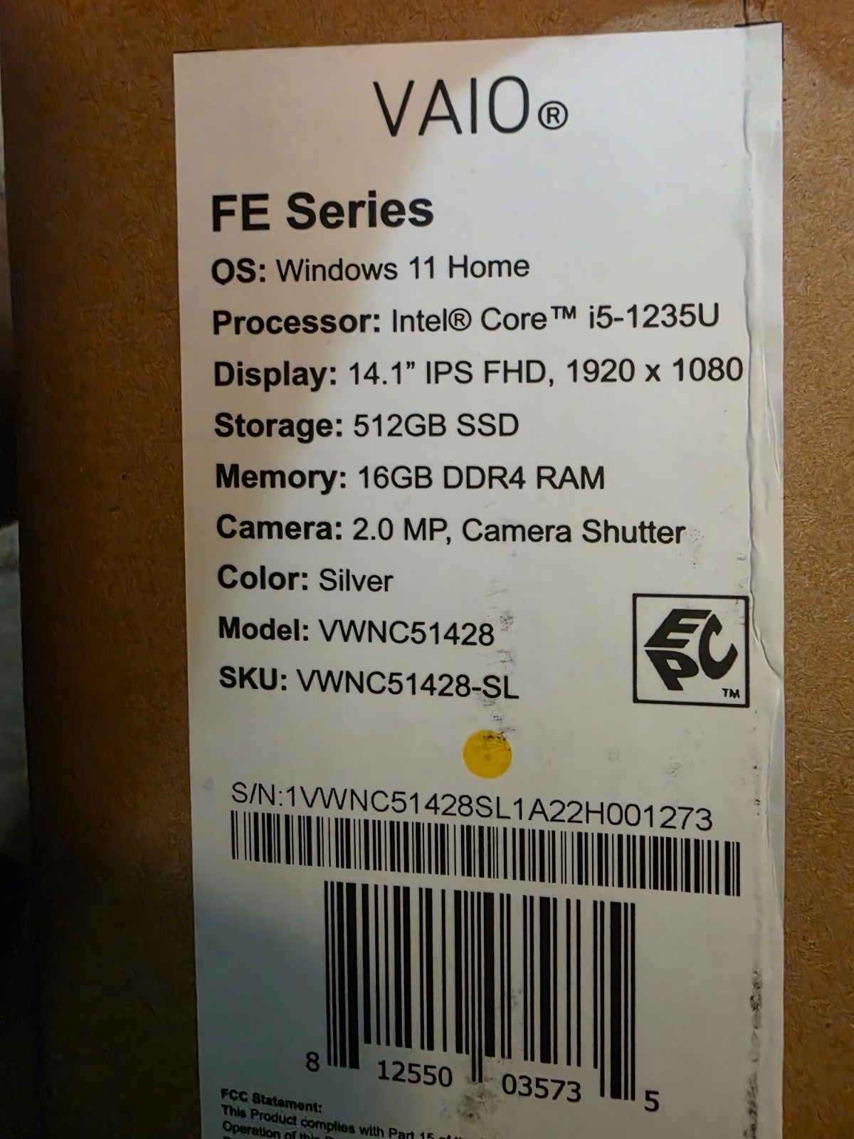 VAIO 14.1″ FE Series VWNC51428-BK Notebook i5-1235U 16GB Ram 512GB SSD