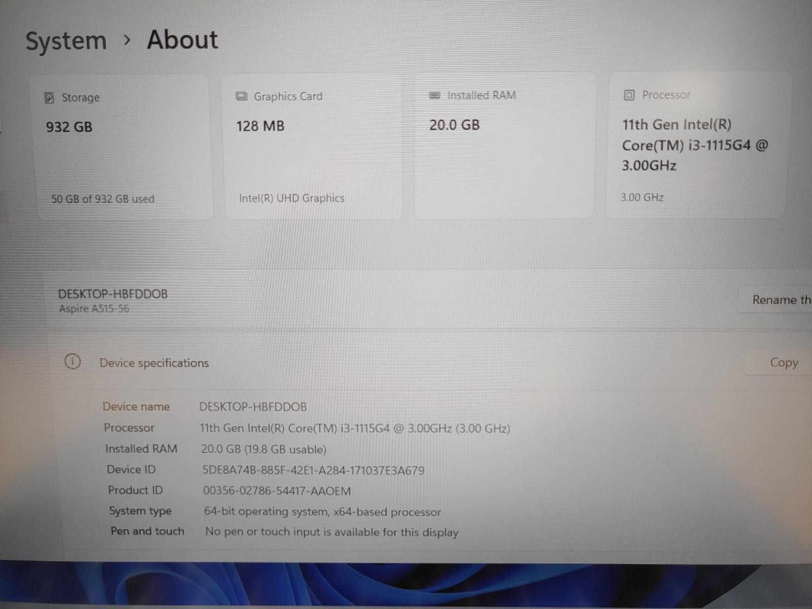 Acer Aspire A515-56 15.6″ Intel i3-1115G4✔20GB✔1TB NVMe✔Win11✔ *NO A/C* *READ*