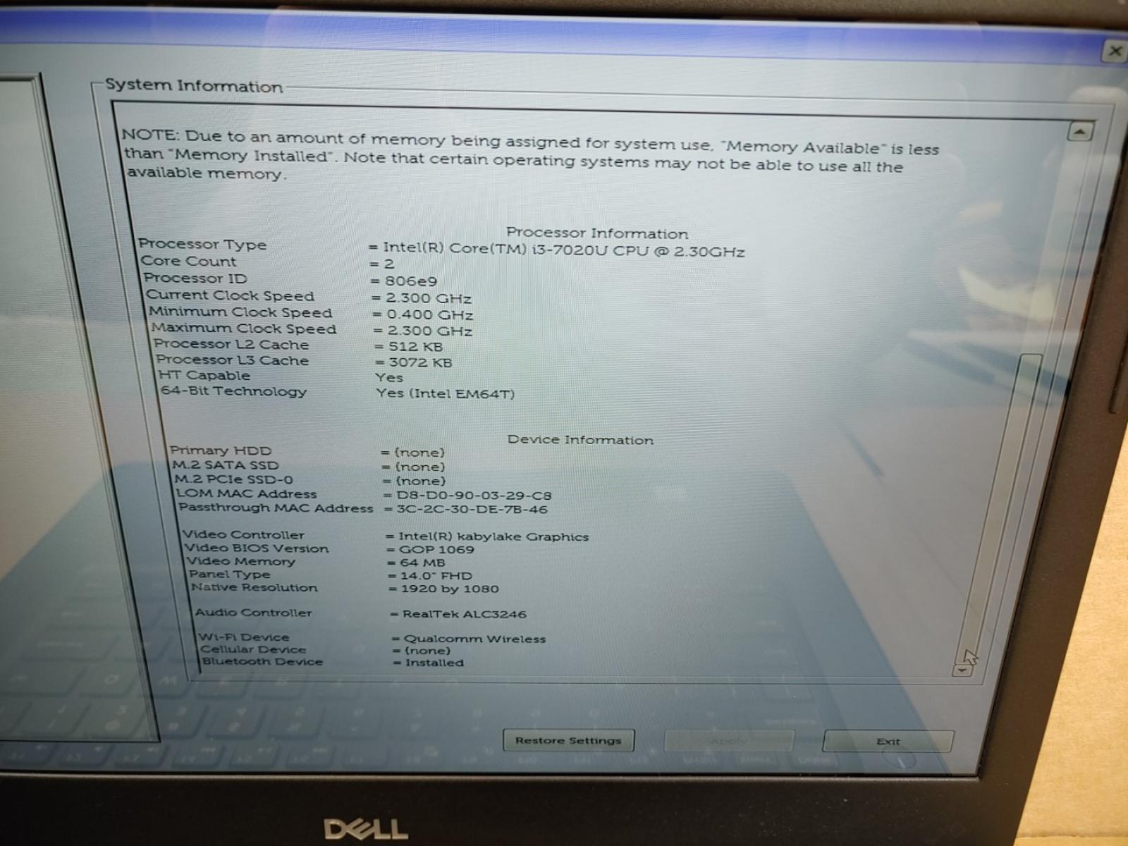 Dell Latitude 3490 14″ Touch i3-7020U✔ *NO RAM/NO HDD/NO AC* MISSING HINGE COVER