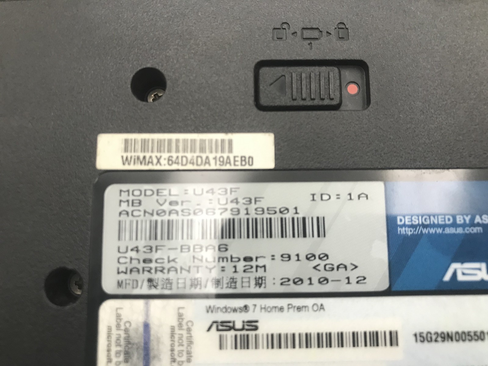 ASUS U43F BBA6 LAPTOP – FOR PARTS/BIOS LOCK – INTEL I5 1ST GEN – NO RAM -READ-BB