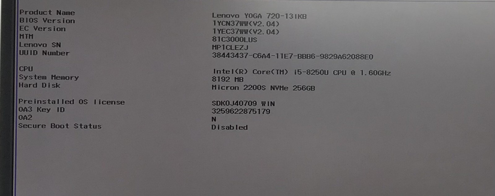 LENOVO YOGA 720-131KB i5-8250U@1.60GHz 8GB RAM 256GB NVMe W11H *READ