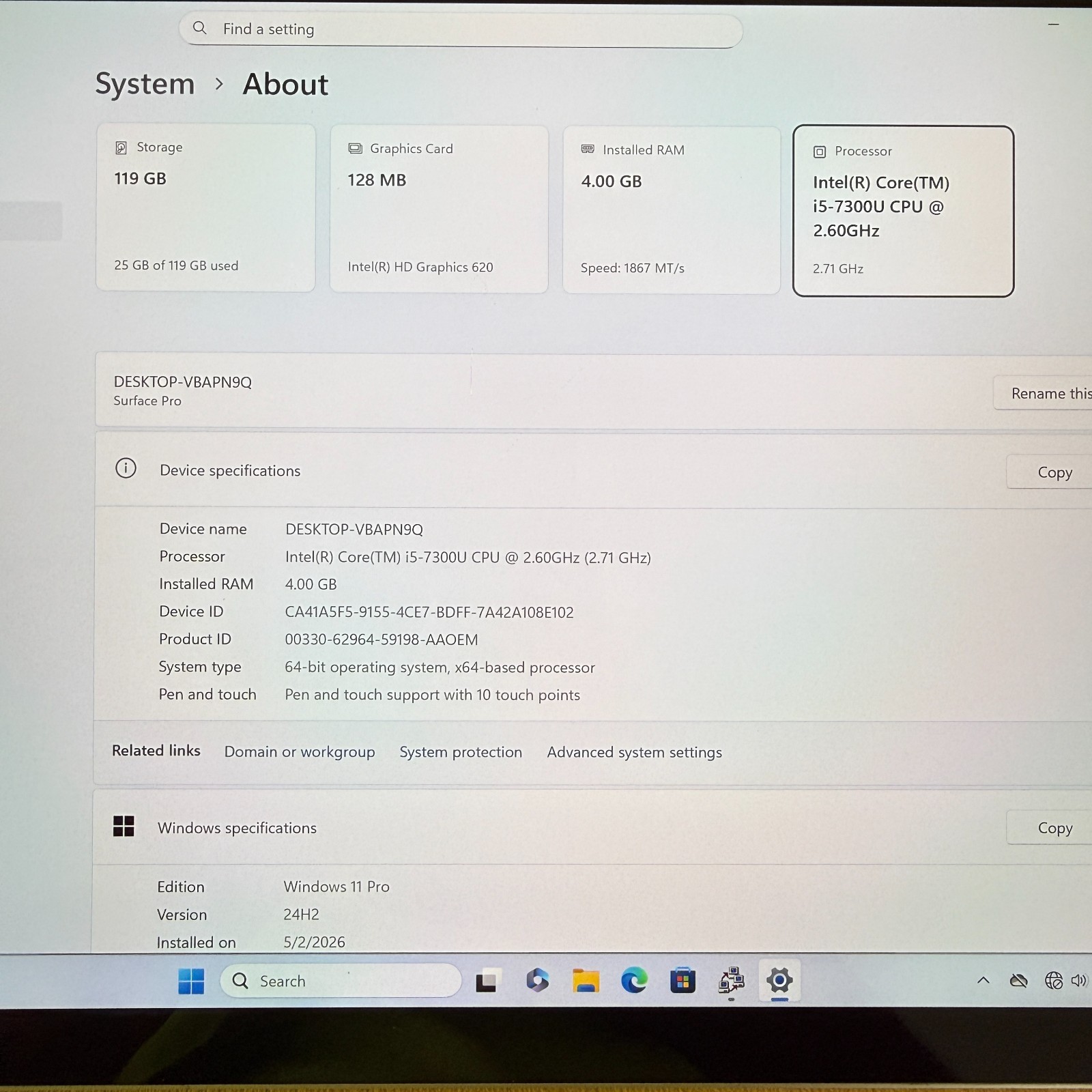 Microsoft Surface Pro 5 1796 i5-7300U 4GB 128GB SSD 12.3″ Tablet Silver – C