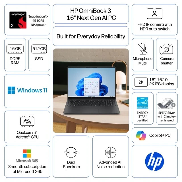 HP OmniBook 3 16″ 2K IPS AI PC Snapdragon X 16GB RAM 512GB SSD Silver