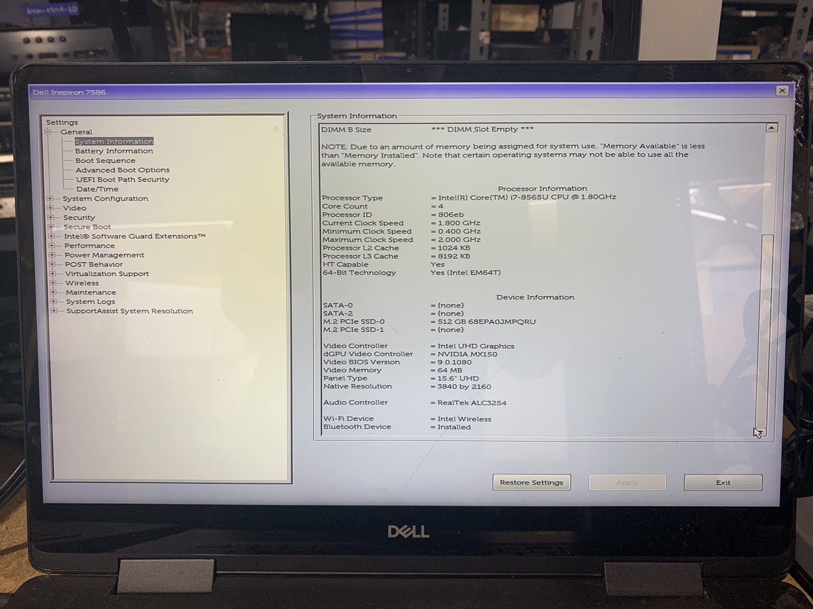 DELL INSPIRION 7586 Intel Core i7-8565U@1.80GHZ 16GB DDR4 RAM 512GB SSD WIN 11P