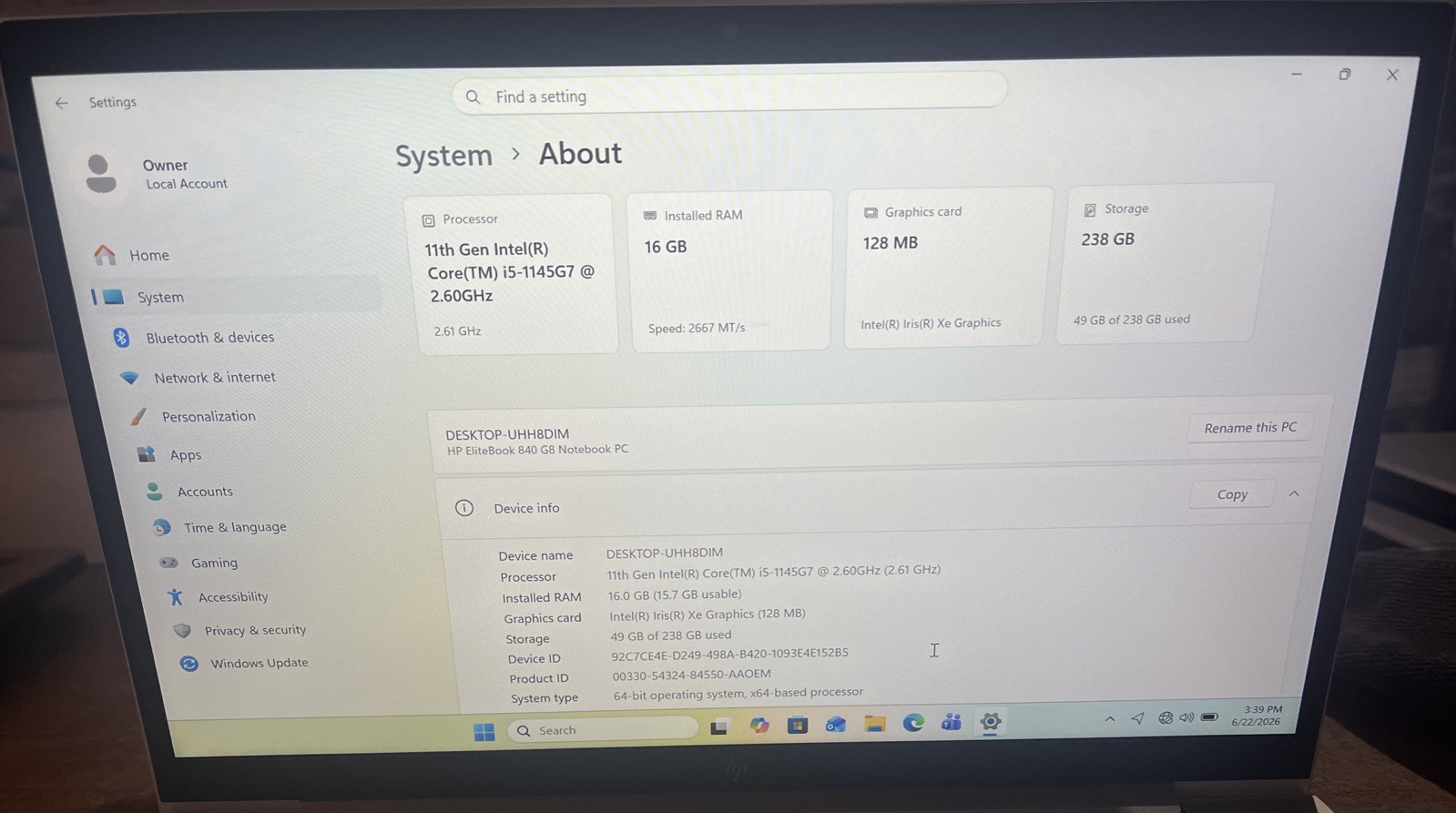 HP EliteBook 840 G8 14″ i5-1145G7@2.6GHz, 16GB RAM, 256GB M2, Win 11 Pro *READ