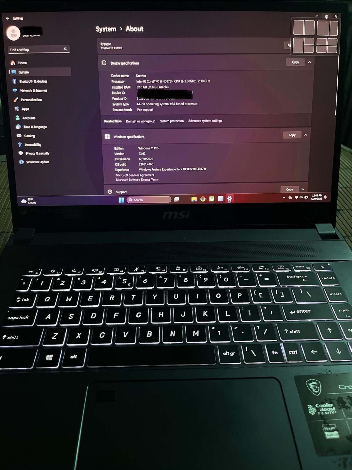 MSI Creator 15 4K Laptop– i7, 32GB, RTX 2070 Super, 1TB SSD, Excellent