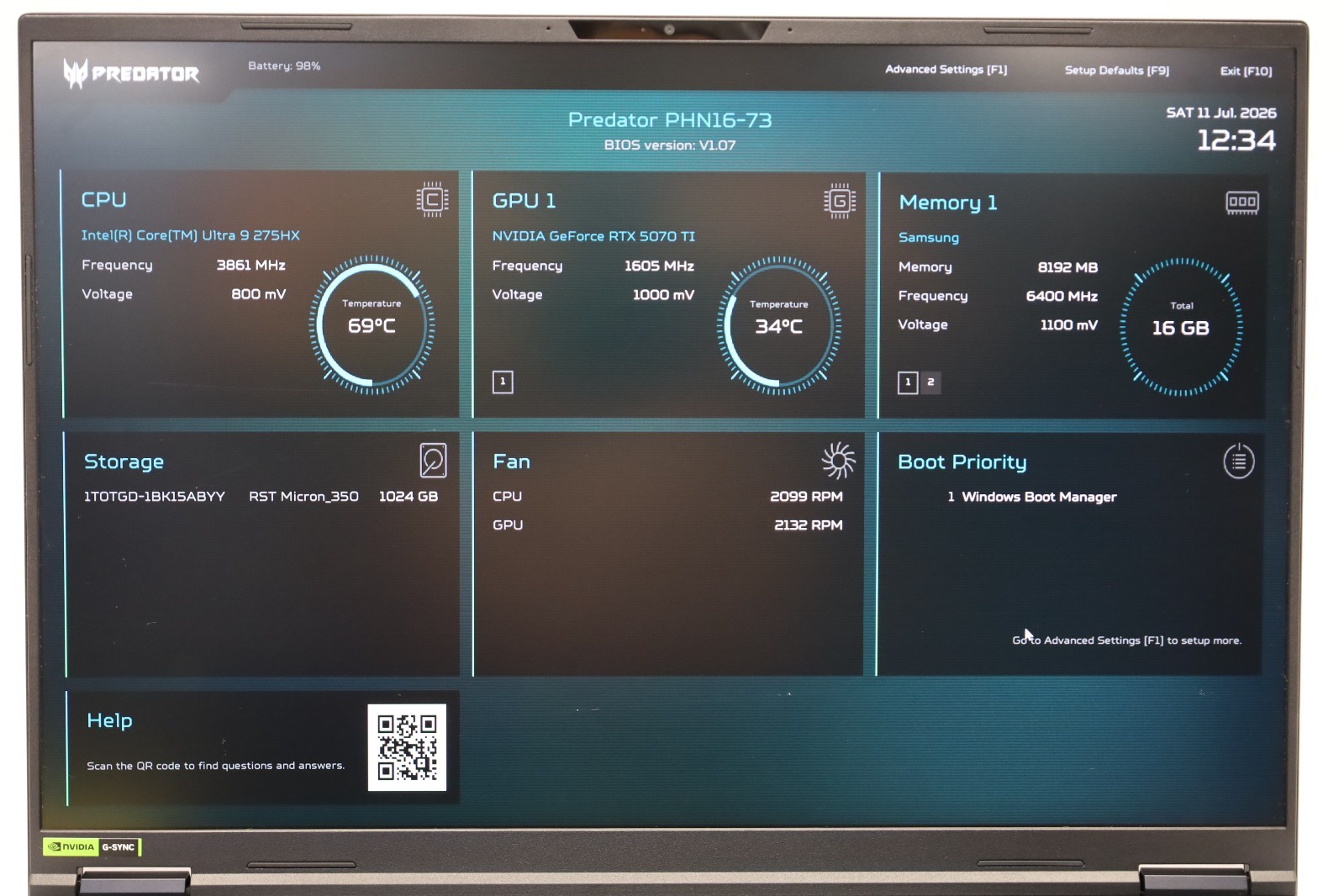 Acer Predator Helios Neo 16S 16″ Ultra 9 275HX 16GB 1TB RTX 5070 Ti Win11 AI