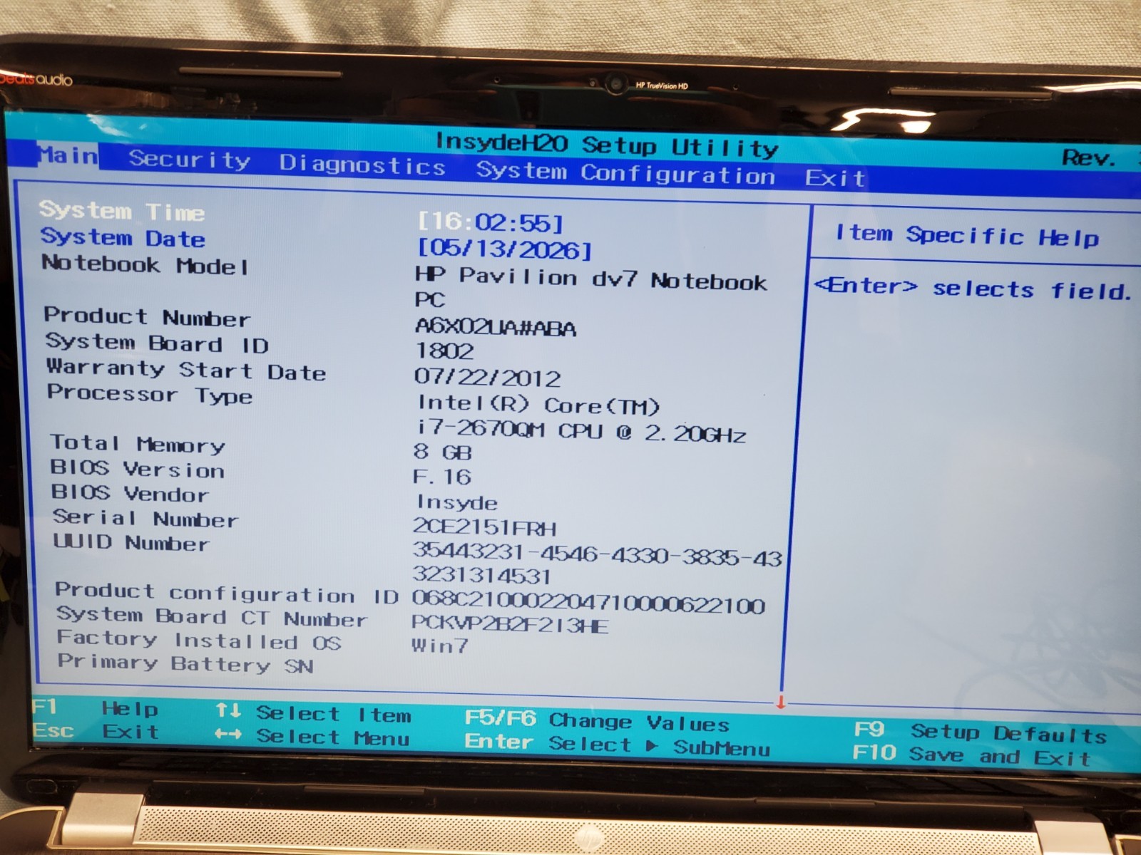 HP Pavilion dv7 notebook i7 2670QM 2.20 GHz / 8GB/No HDD/ 1600×900 #2760