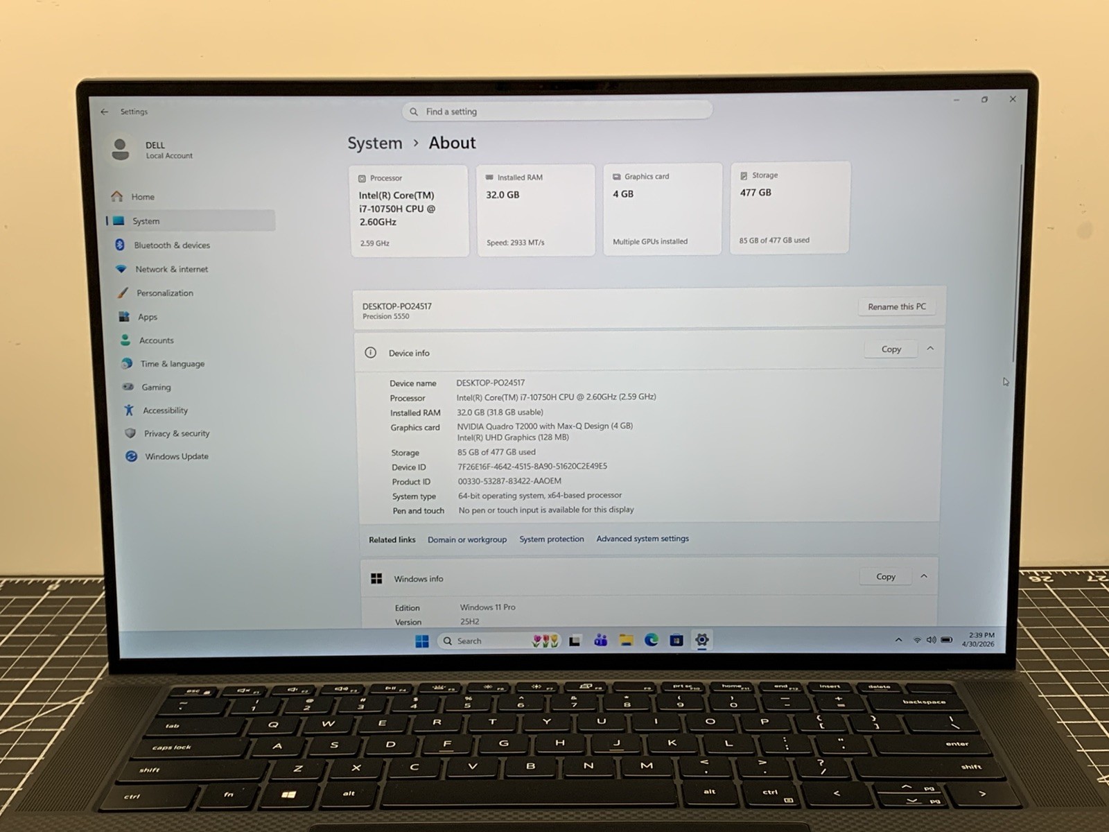 Dell Precision 5550 Core i7-10750H Quadro T2000, 32GB RAM, 512GB SSD | #P252