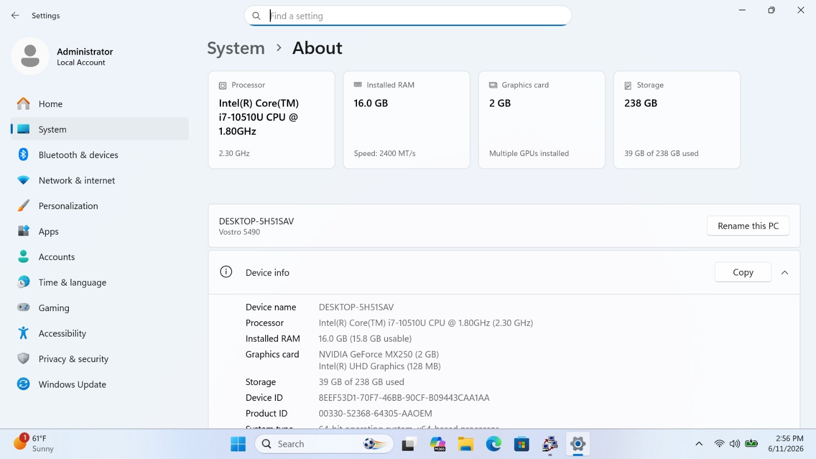 Dell Vostro 5490 14in i7-10510U 16GB RAM 256GB SSD GeForce MX250 Windows 11 Pro