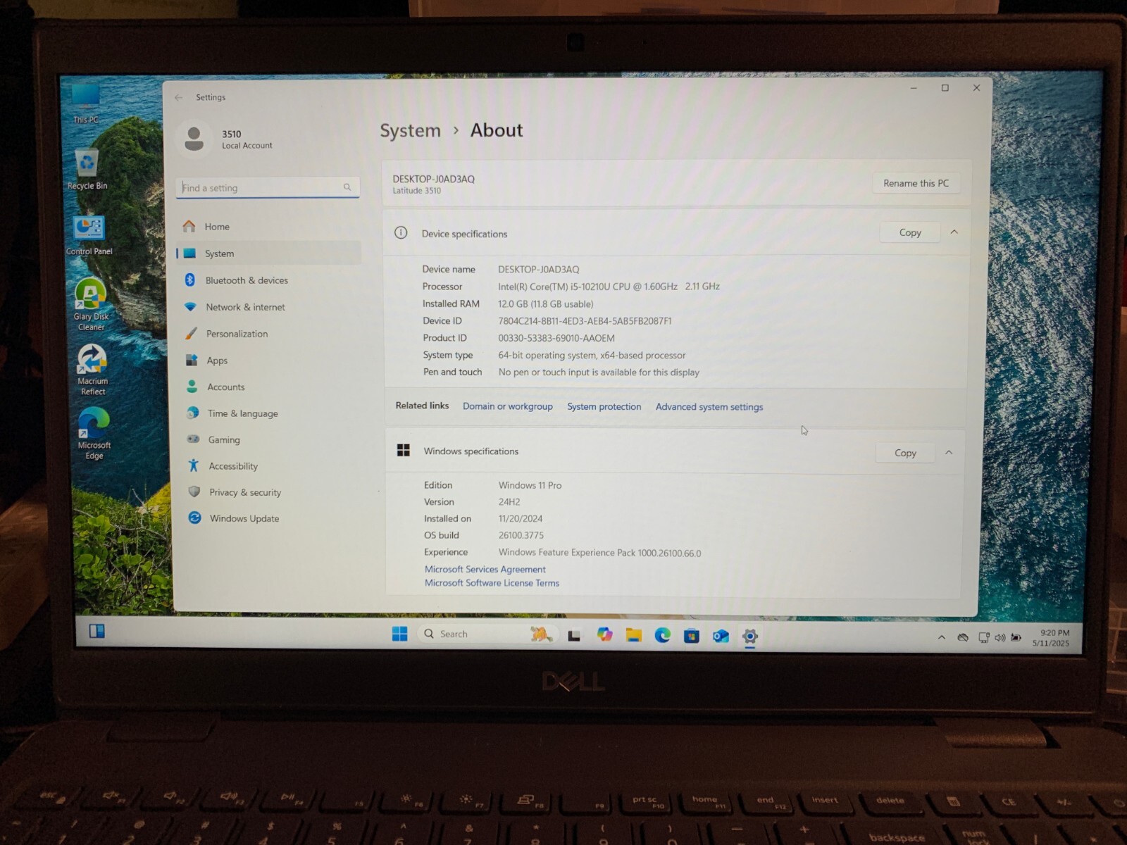 Dell Latitude 3510 i5-10210u, 12GB-256GB M2 NVMe SSD Windows 11 Pro # 9YY1G63